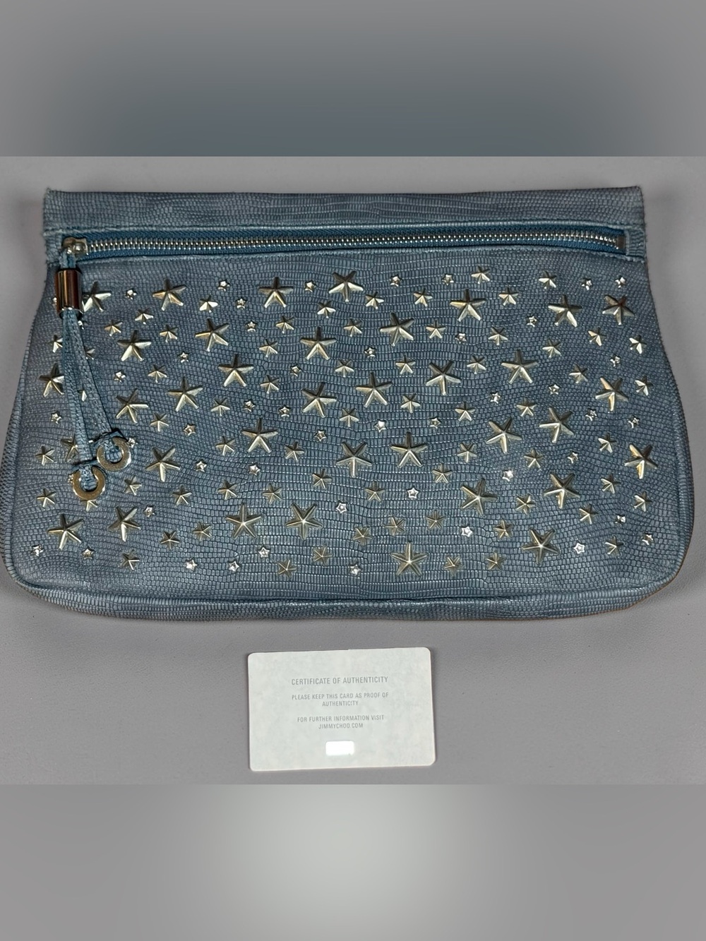 AUTHENTIC Jimmy Choo Star Studded Zena Clutch|Blue Lizard Embossed Leather 11x7